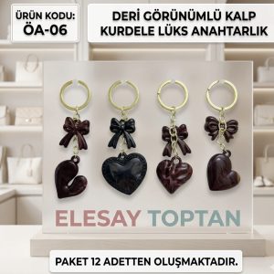 ÖA-06 DERİ GÖRÜNÜMLÜ KALP KURDELE LÜKS ANAHTARLIK PAKETİ 12'Lİ